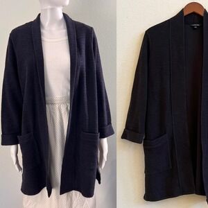 Lands End Thick Terrycloth Black Knit Open Front‎ Cardigan Sweater Size 14 16